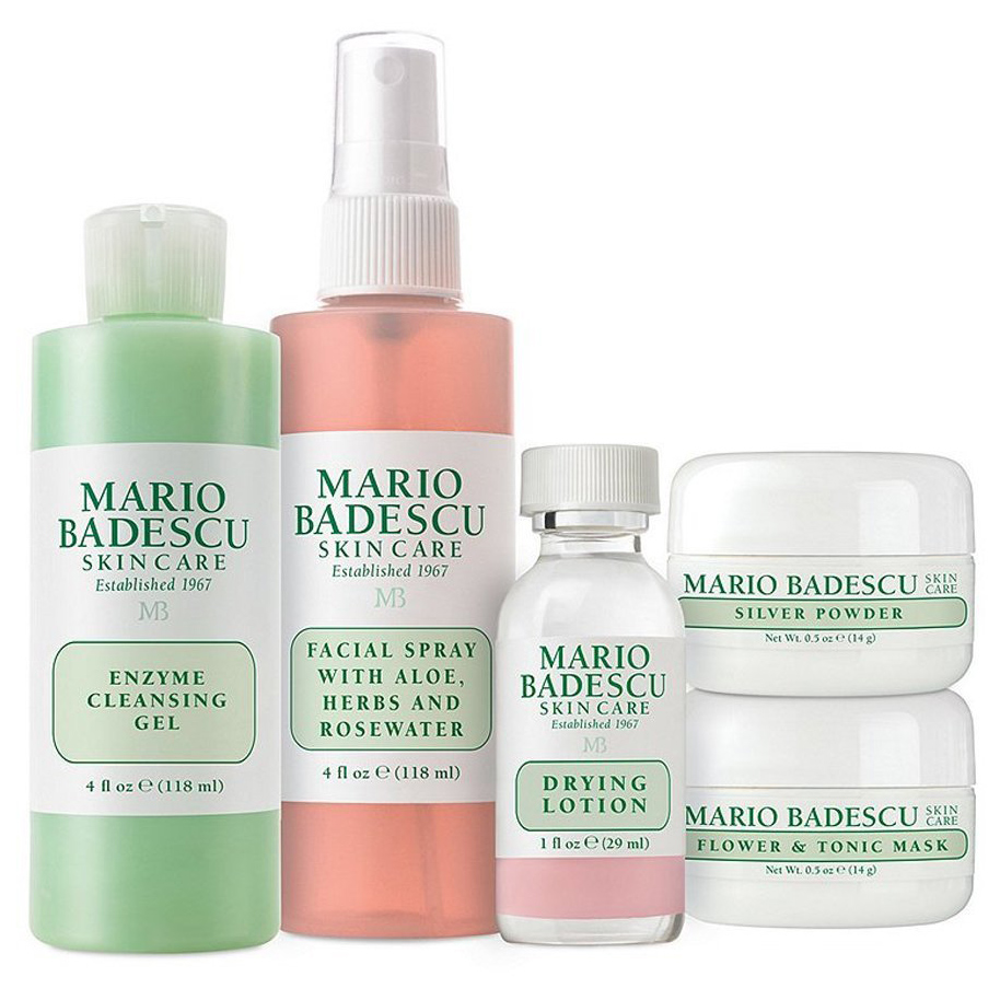 Mario Badescu Facial Spray with Rosewater, Aloe and Herbs 118ml, Enzyme Cleansing Gel 118ml, Drying Lotion 29ml, Silver Powder 14g, Flower and Tonic Mask 14g